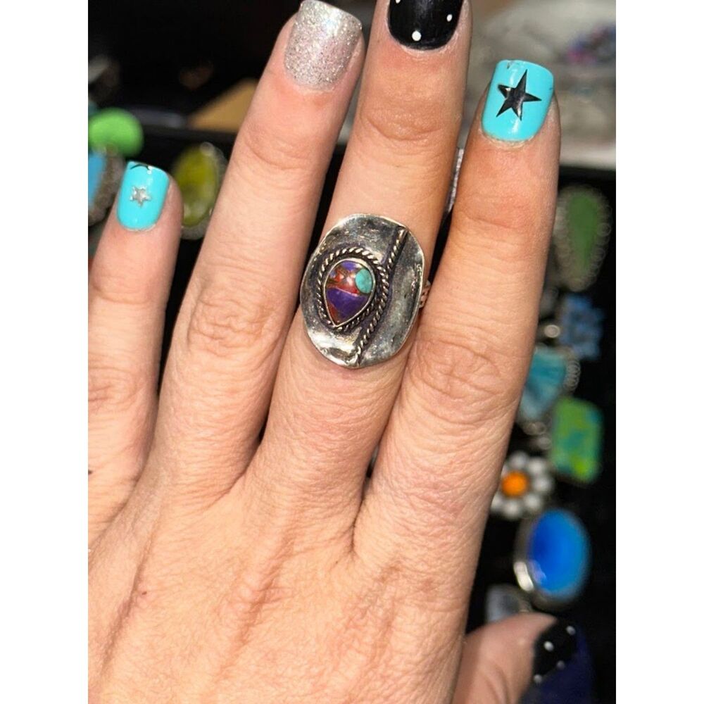 Purple Mosaic Turquoise Cowboy Hat Sterling Overlay Ring Size 7